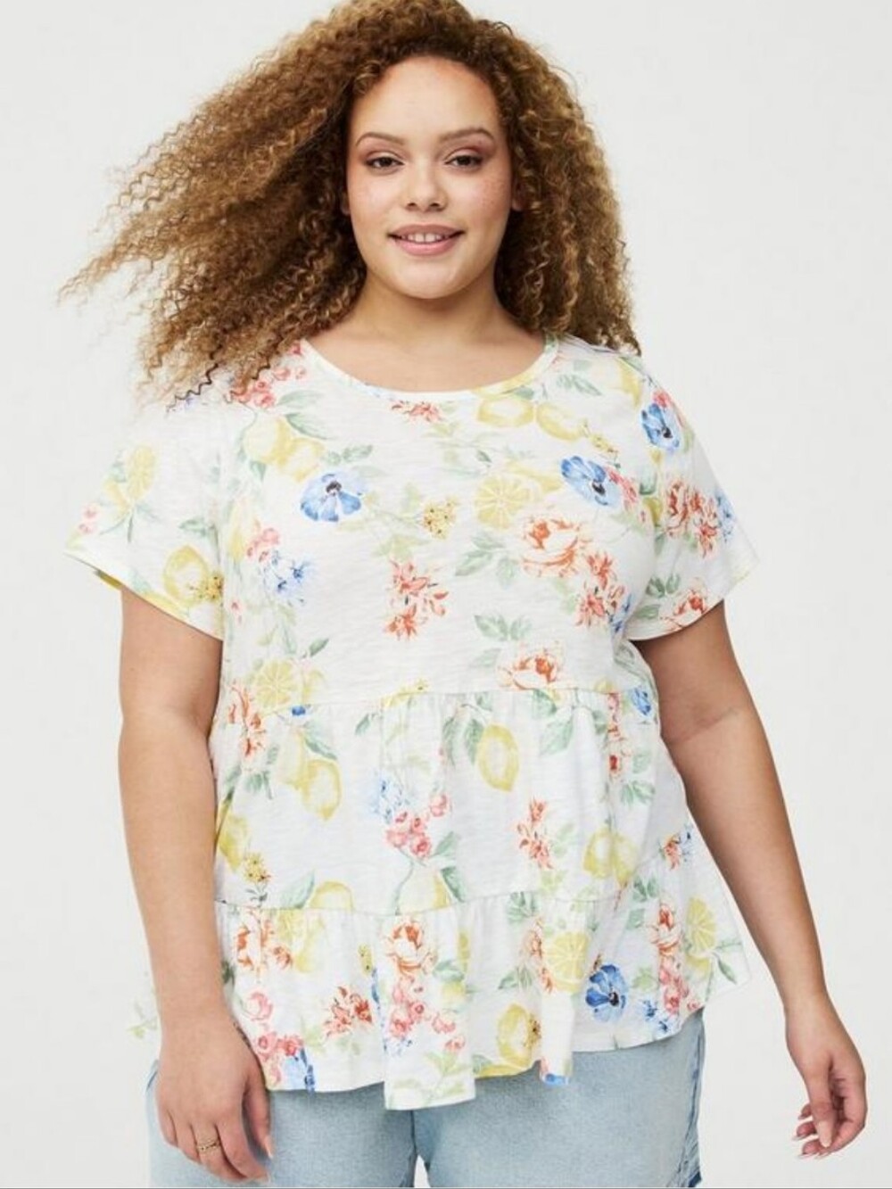 Torrid White Floral & Lemon Tiered Short Sleeve Tee - Multicolor